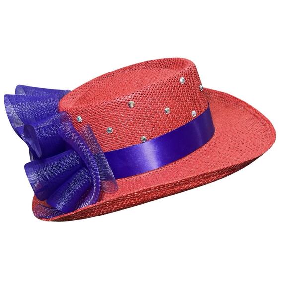 Unbranded Accessories - Red Hat Society Women's Straw Hat Purple Flower For Church Tea Derby Festival